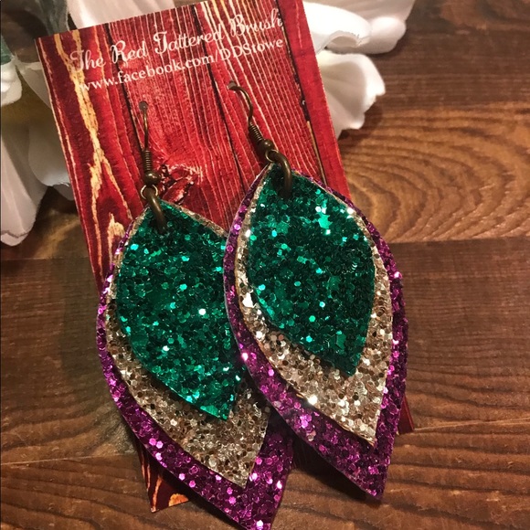 Faux Leather Earrings Mardi Gras Glitter 2.5” - Picture 4 of 6